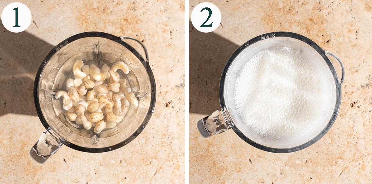 Nut milk steps 1 and 2, before and after blending.