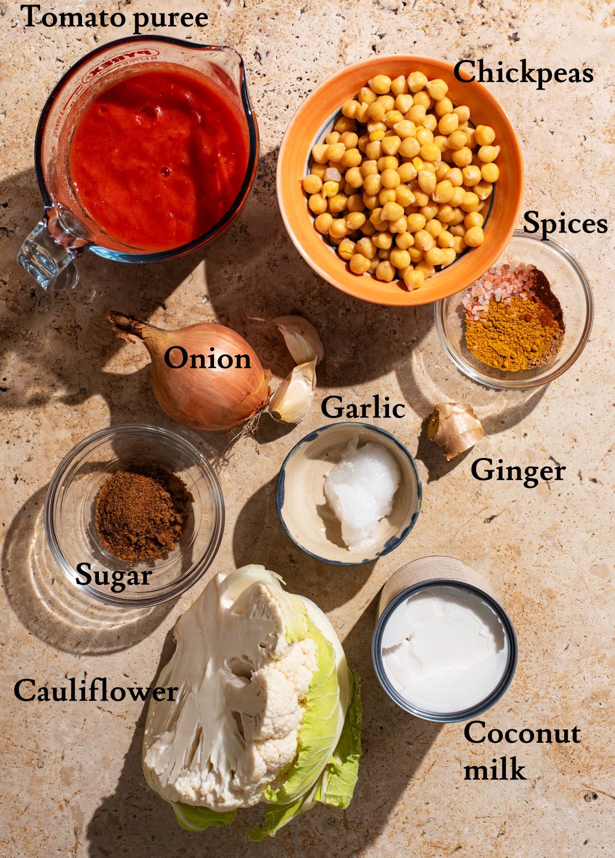 Cauliflower tikka masala ingredients with labels.