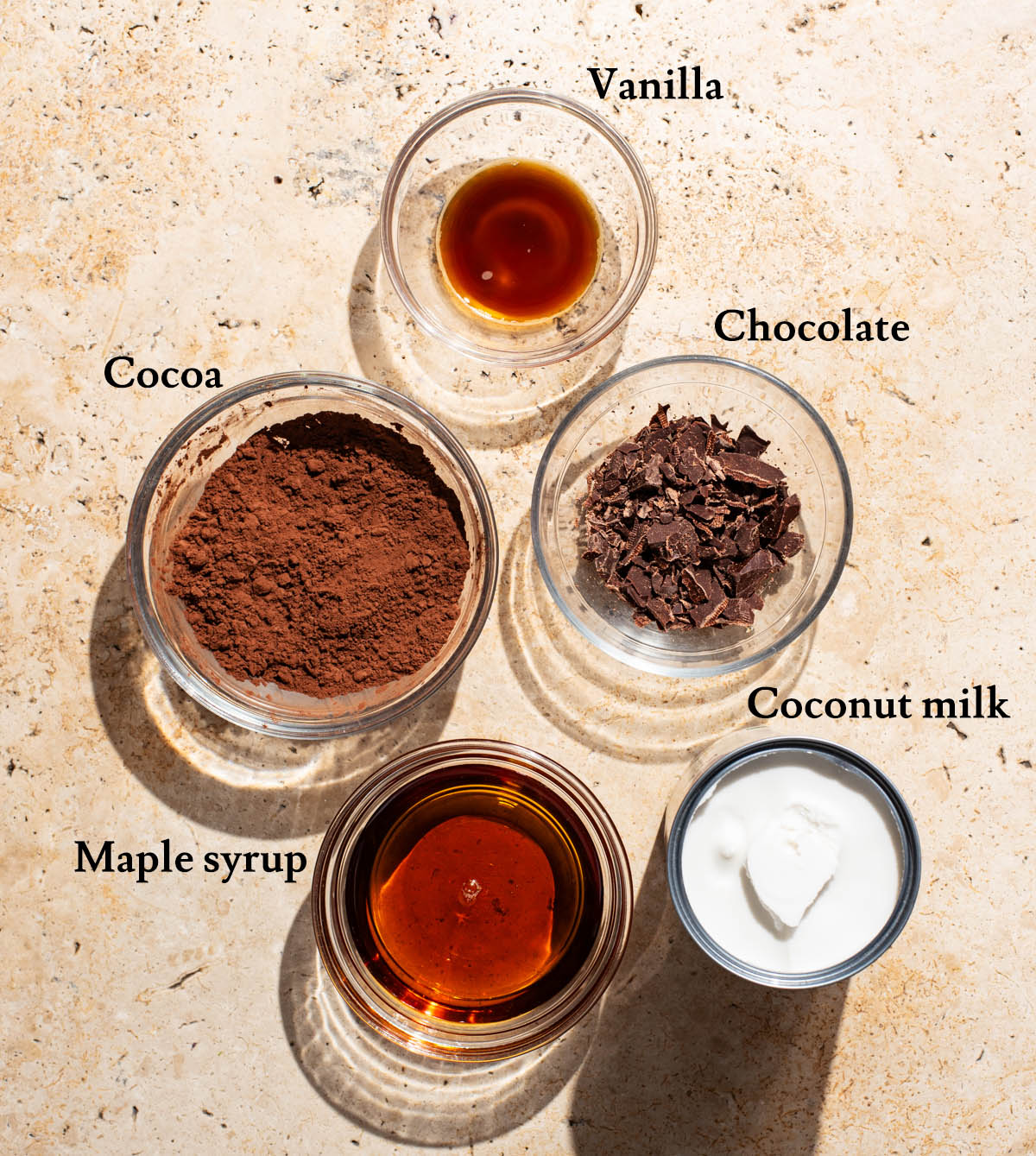 Vegan chocolate pudding ingredients with labels.