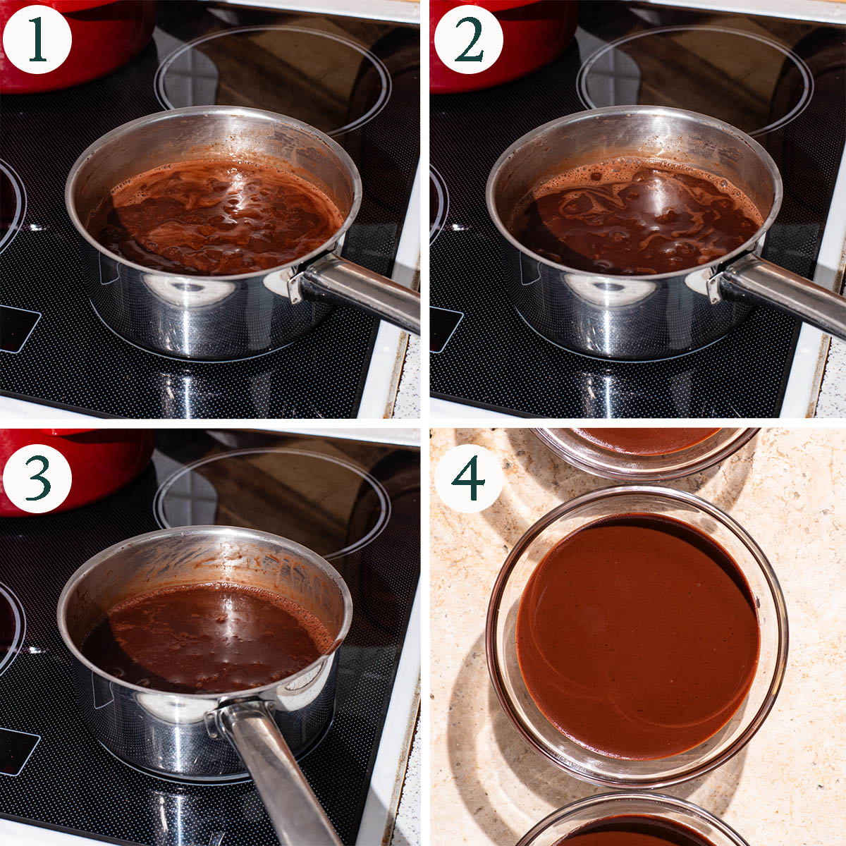 Pudding steps 1 to 4, mixed ingredients, boiling, after chocolate added, and in bowls.