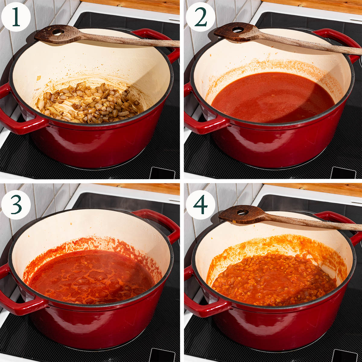 Lentil tomato sauce steps 1 to 4, cooked onions, tomato added, before and after lentils are cooked.