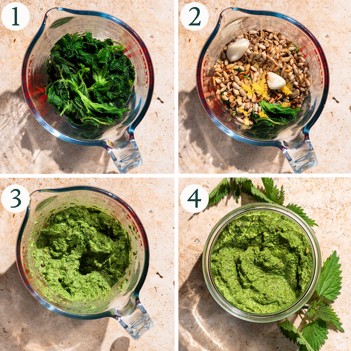 Pesto steps 1 to 4, blanched nettles and before and after mixing.