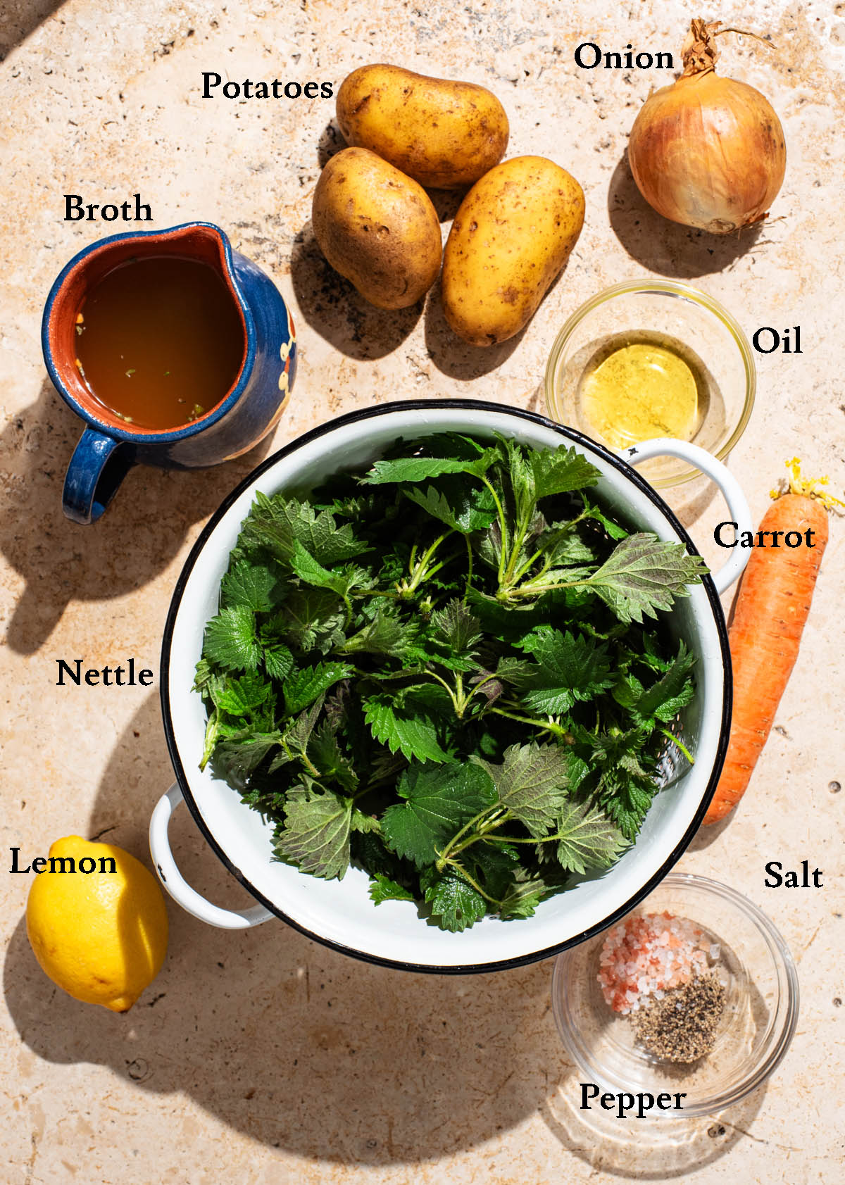 Nettle soup ingredients with labels.