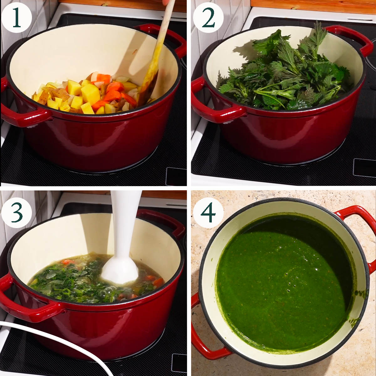 Green soup steps 1 to 4, cooking the vegetables, adding nettle, and after blending.