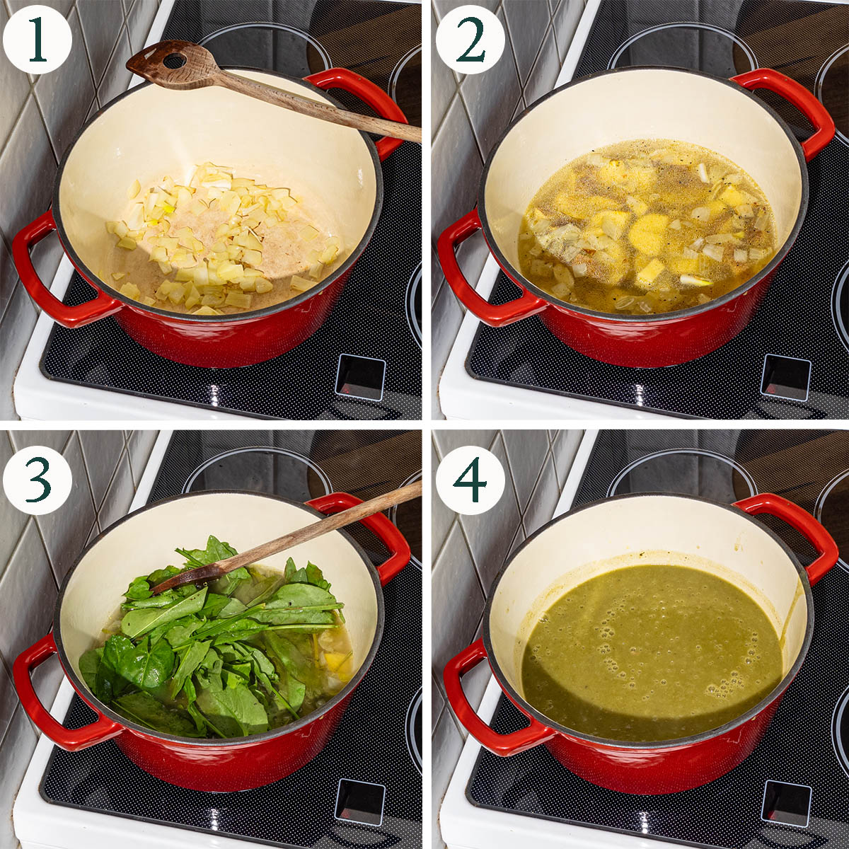 Soup steps 1 to 4, vegetables cooking, sorrel added, and blended.