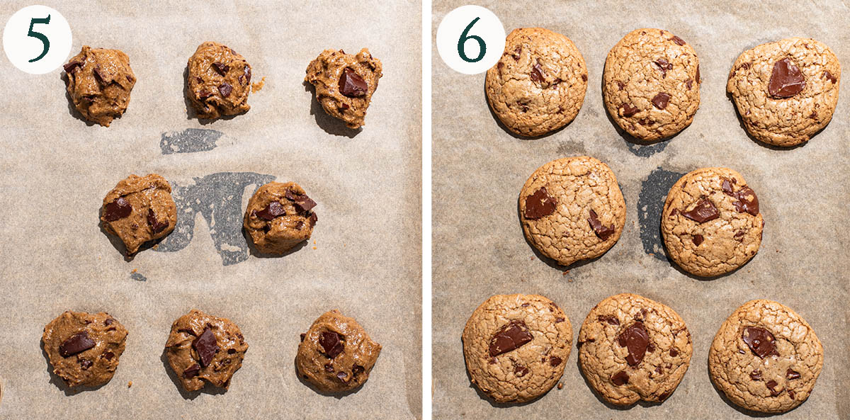 Chocolate chunk cookies before and after baking.
