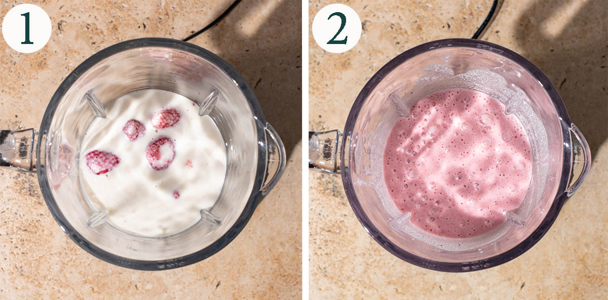 Berry milk steps 1 and 2, before and after blending.