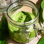 A flip-top jar filled with a green sauce, wild garlic leaves around.