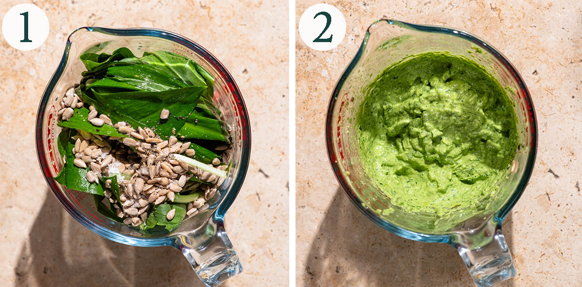 Pesto steps 1 and 2, before and after blending.