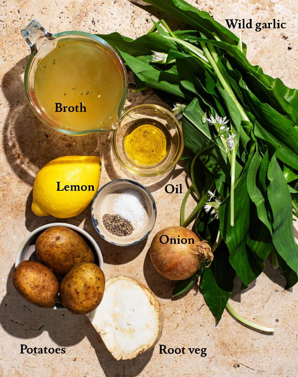 Wild garlic soup ingredients with labels.