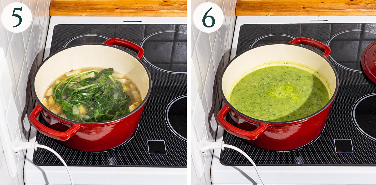 Green soup steps 5 and 6, with wilted wild garlic and after blending.