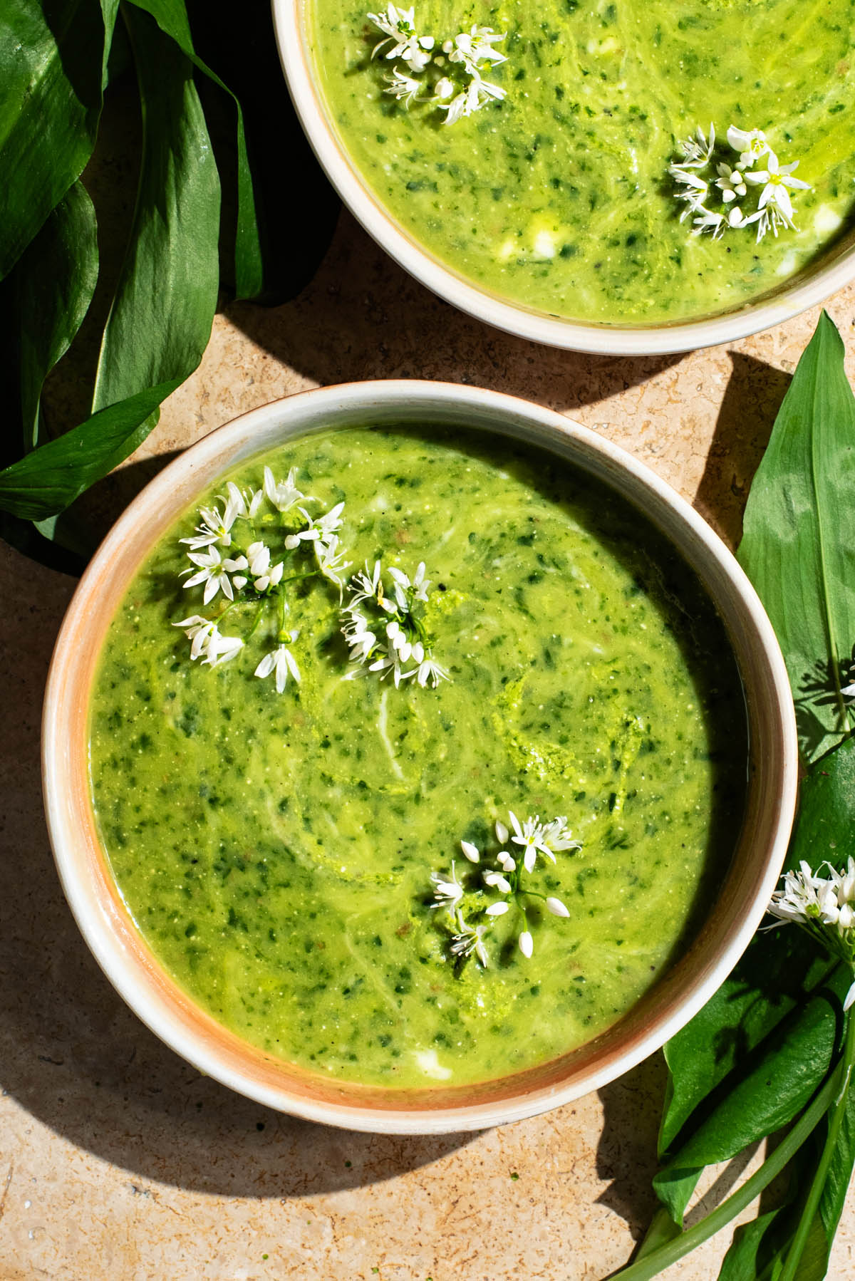 Two shallow bowls filled with green soup, topped with small white flowers.