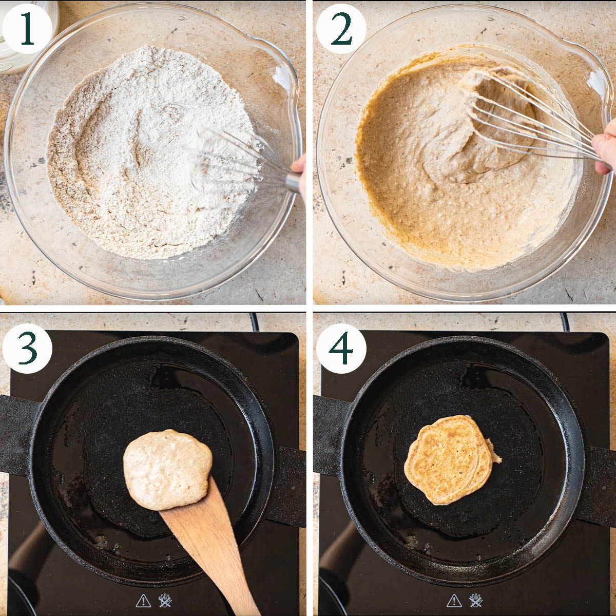 Pancakes steps 1 to 4, making the batter and cooking a pancake.