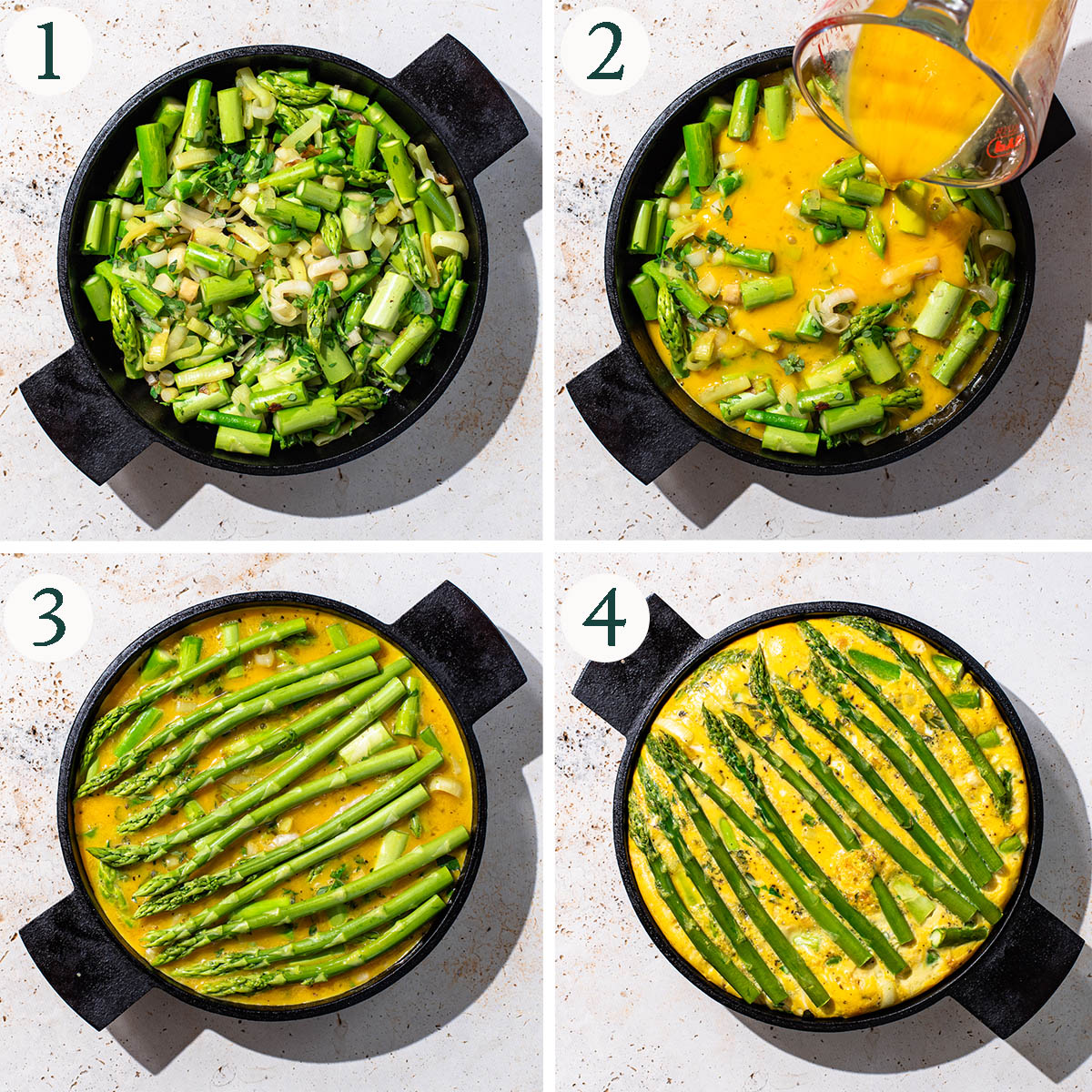 Steps 1 to 4 for frittata, cooked vegetables, eggs added, before and after baking.