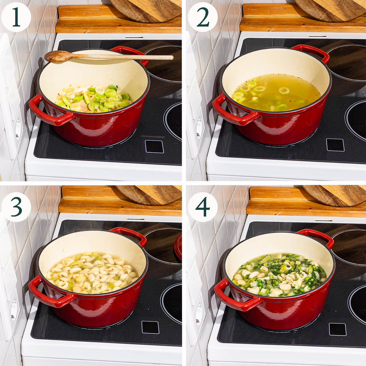 Soup steps 1 to 4, cooking vegetables, broth added, with noodles, finished soup.