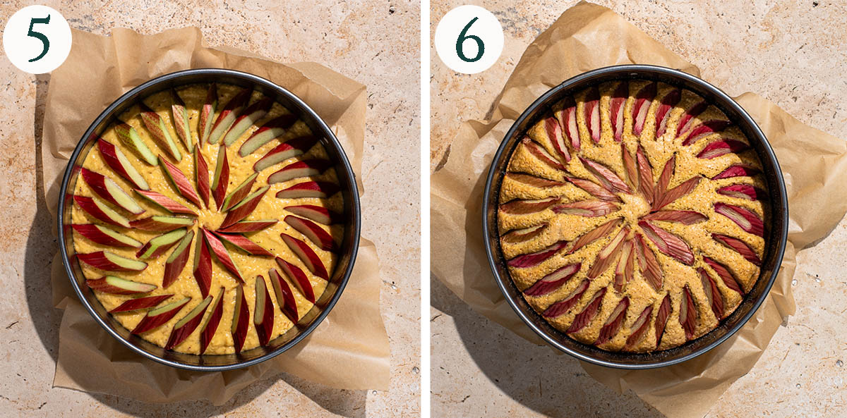 Rhubarb cake before and after baking.