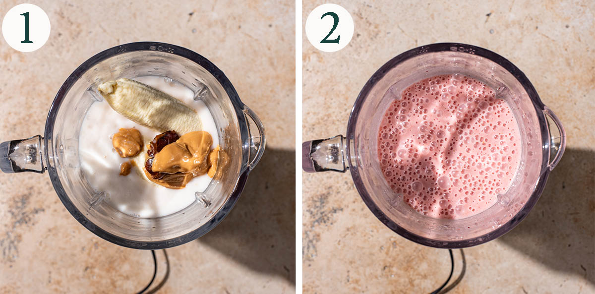 Smoothie steps 1 and 2, before and after blending.