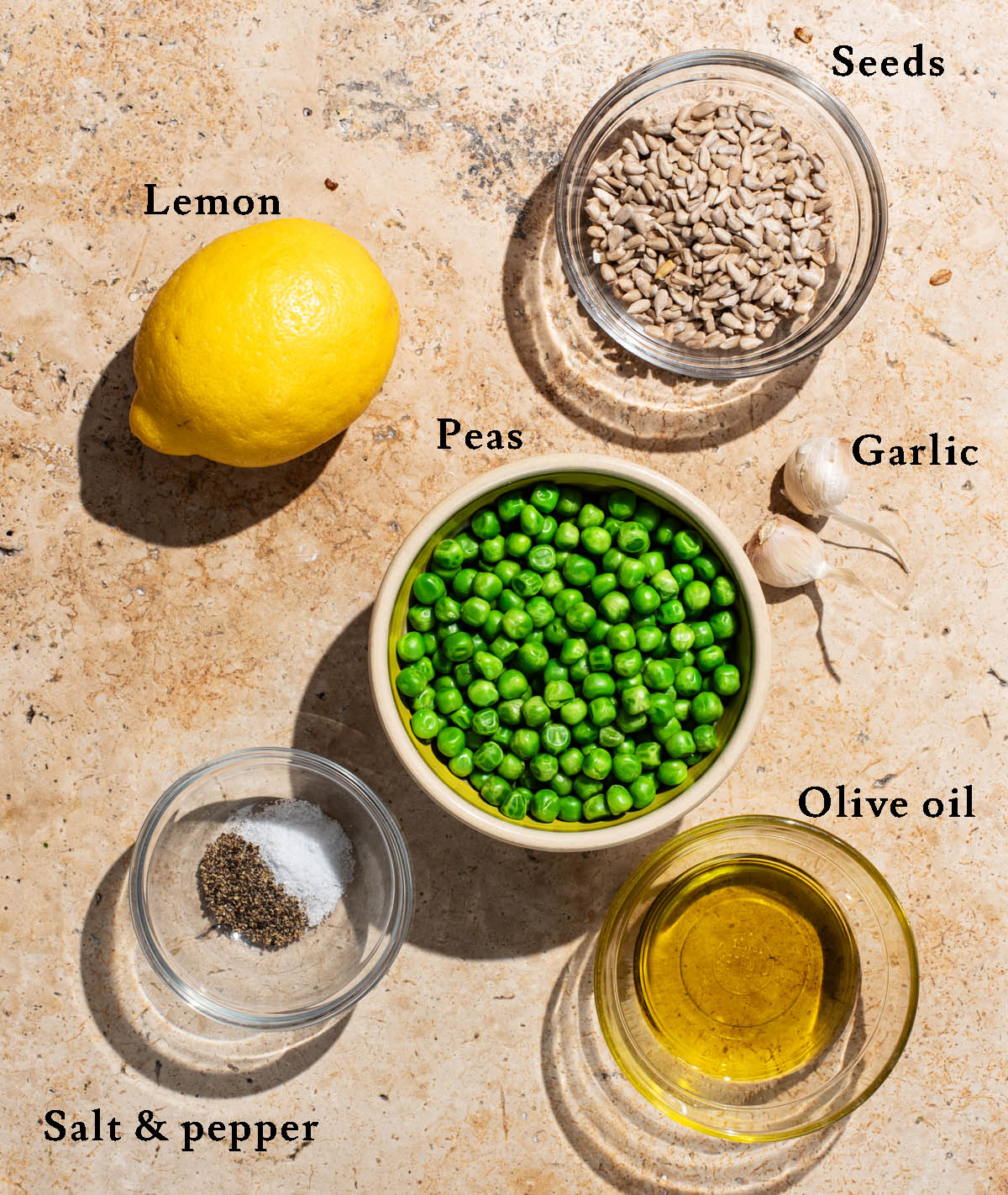 Pea pesto ingredients with labels.
