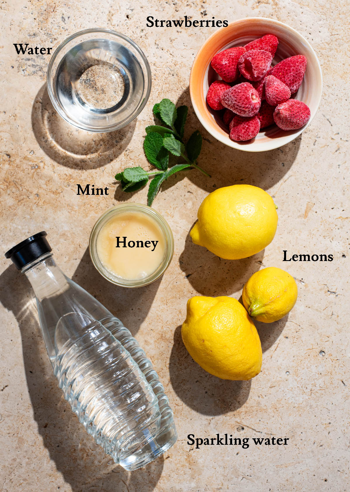 Strawberry mint lemonade ingredients with labels.