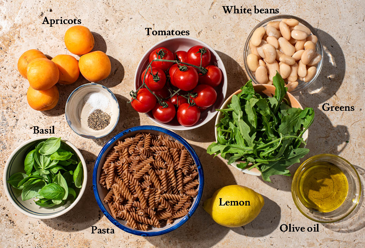Summer pasta ingredients with labels.