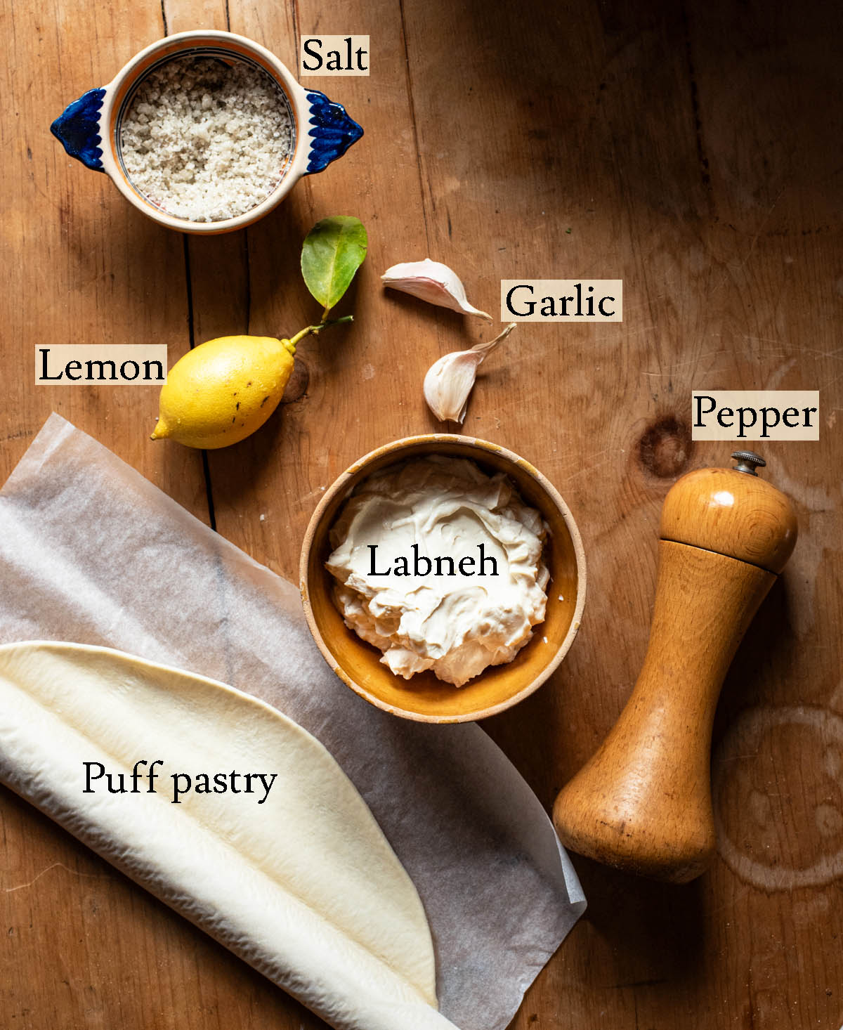 Filled puff pastry ingredients with labels.