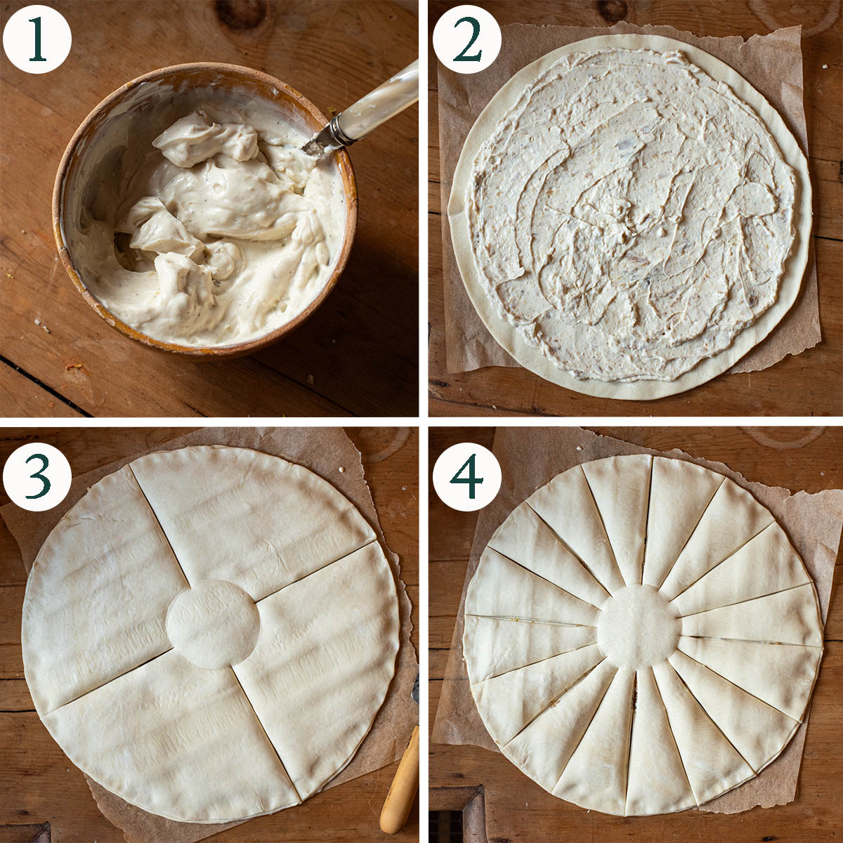 Pastry steps 1 to 4, yogurt mixture, filling and cutting pastry.