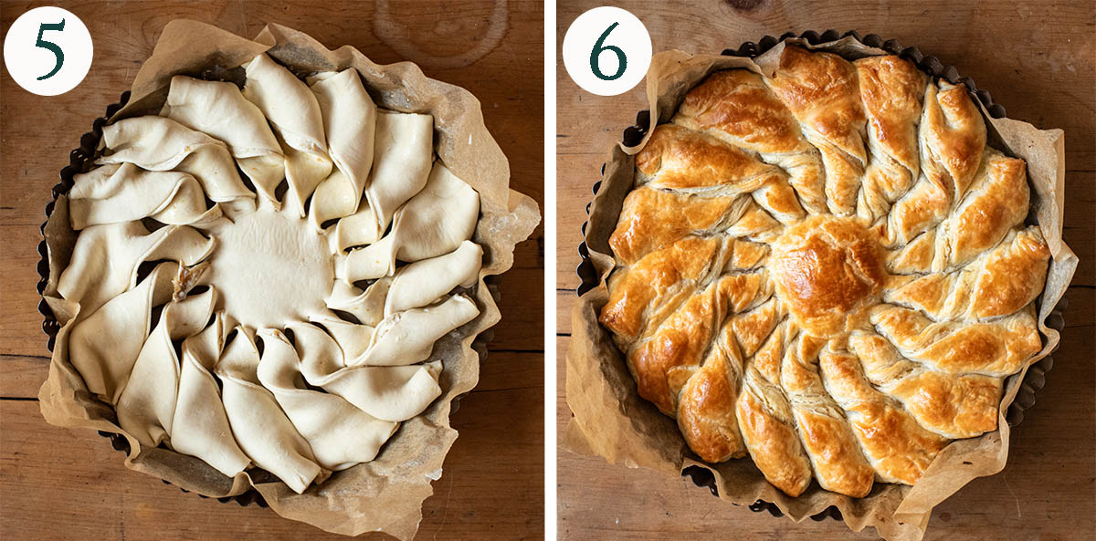 Sun pastry steps 5 and 6, before and after baking.