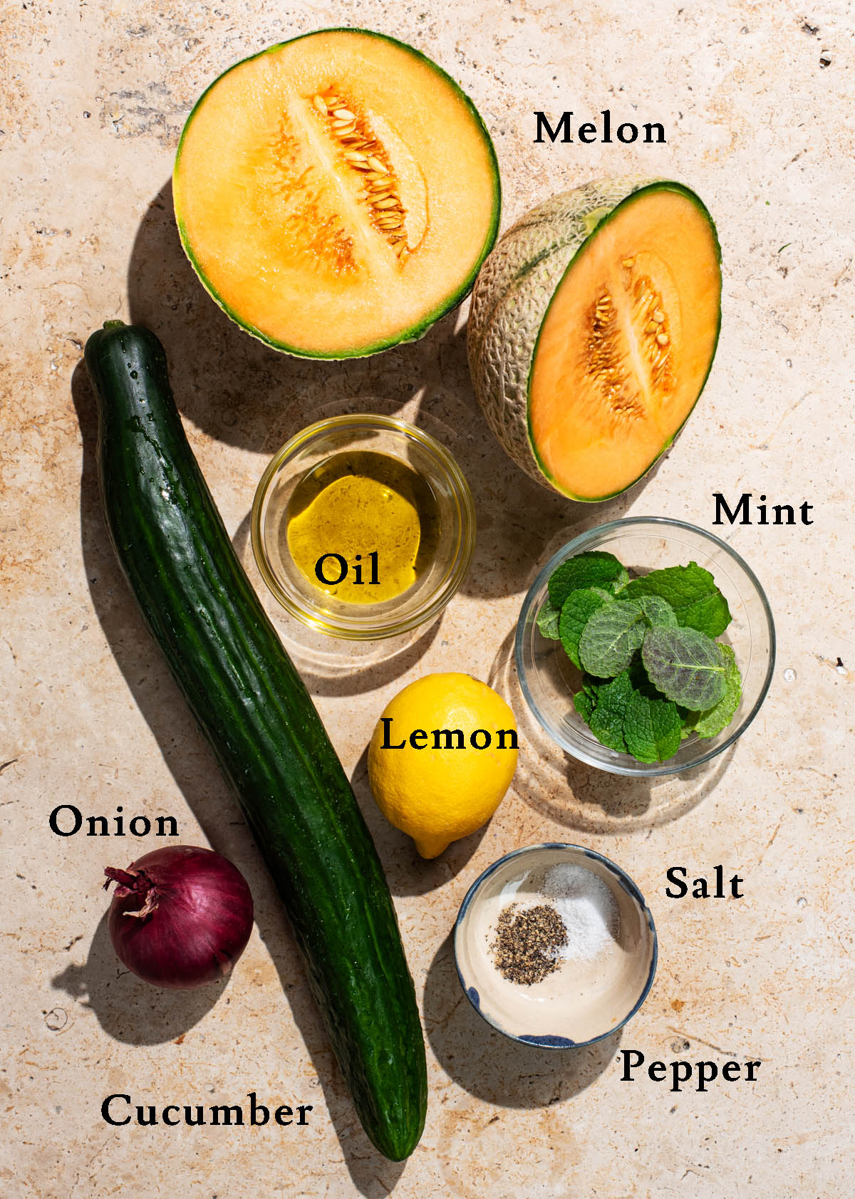 Cucumber melon salad ingredients with labels.
