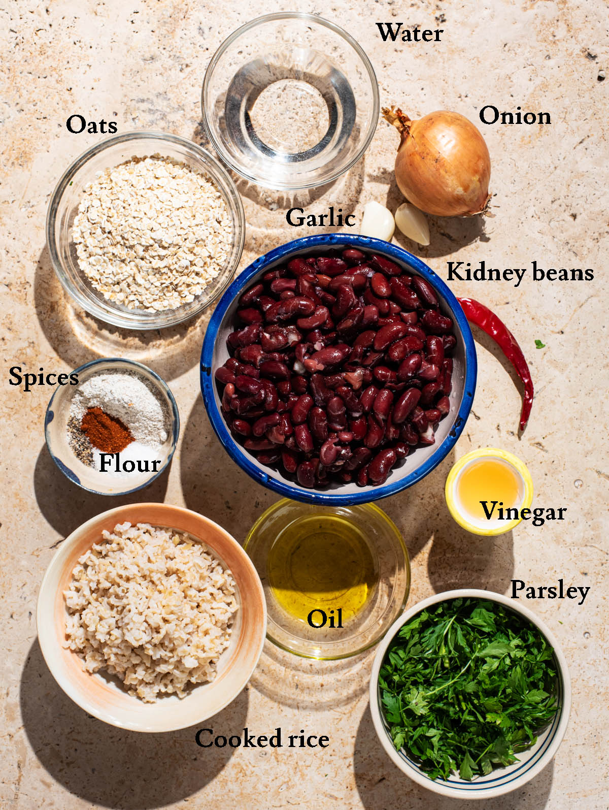 Kidney bean burger ingredients with labels.