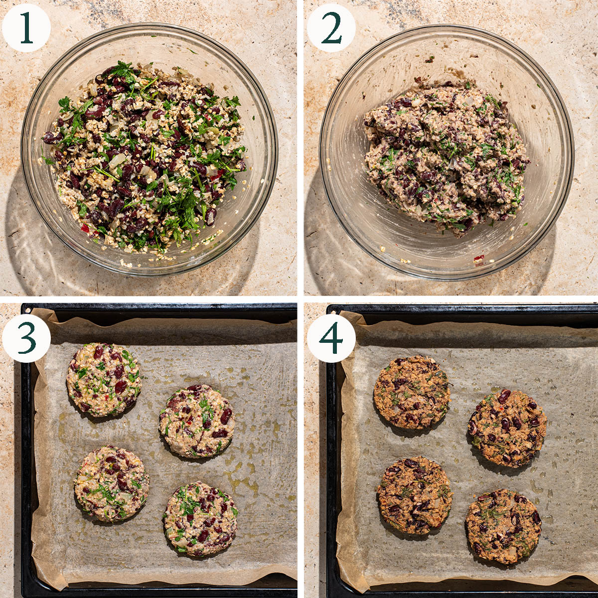 Bean burgers steps 1 to 4, mixing the ingredients, before and after baking.