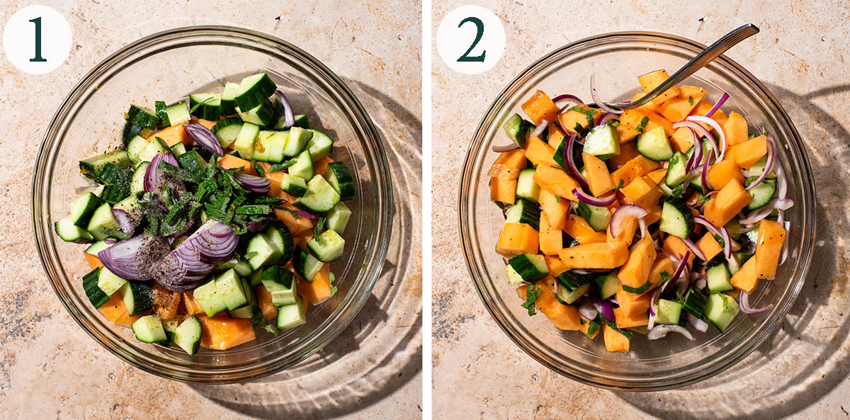 Melon salad steps 1 and 2, ingredients in a bowl and mixed.