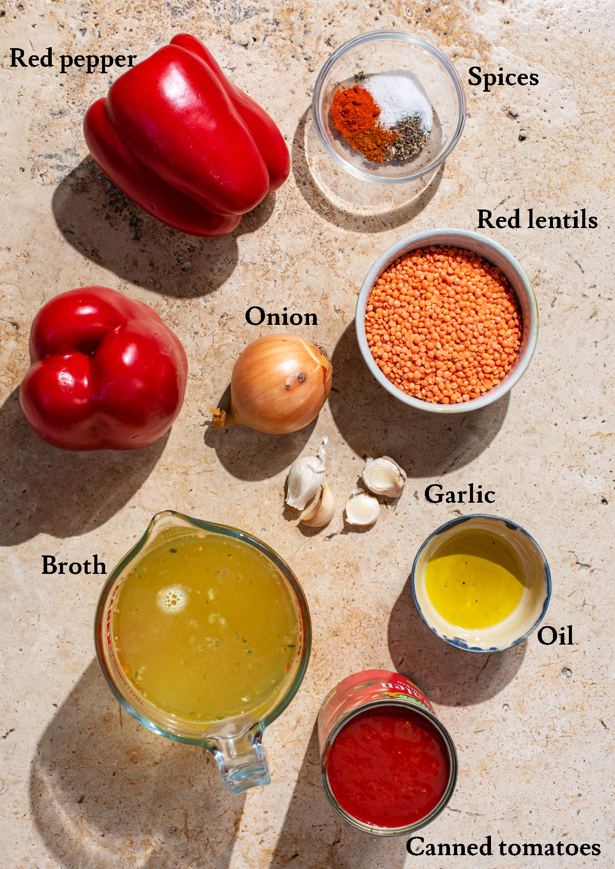 Roasted red pepper soup ingredients with labels.