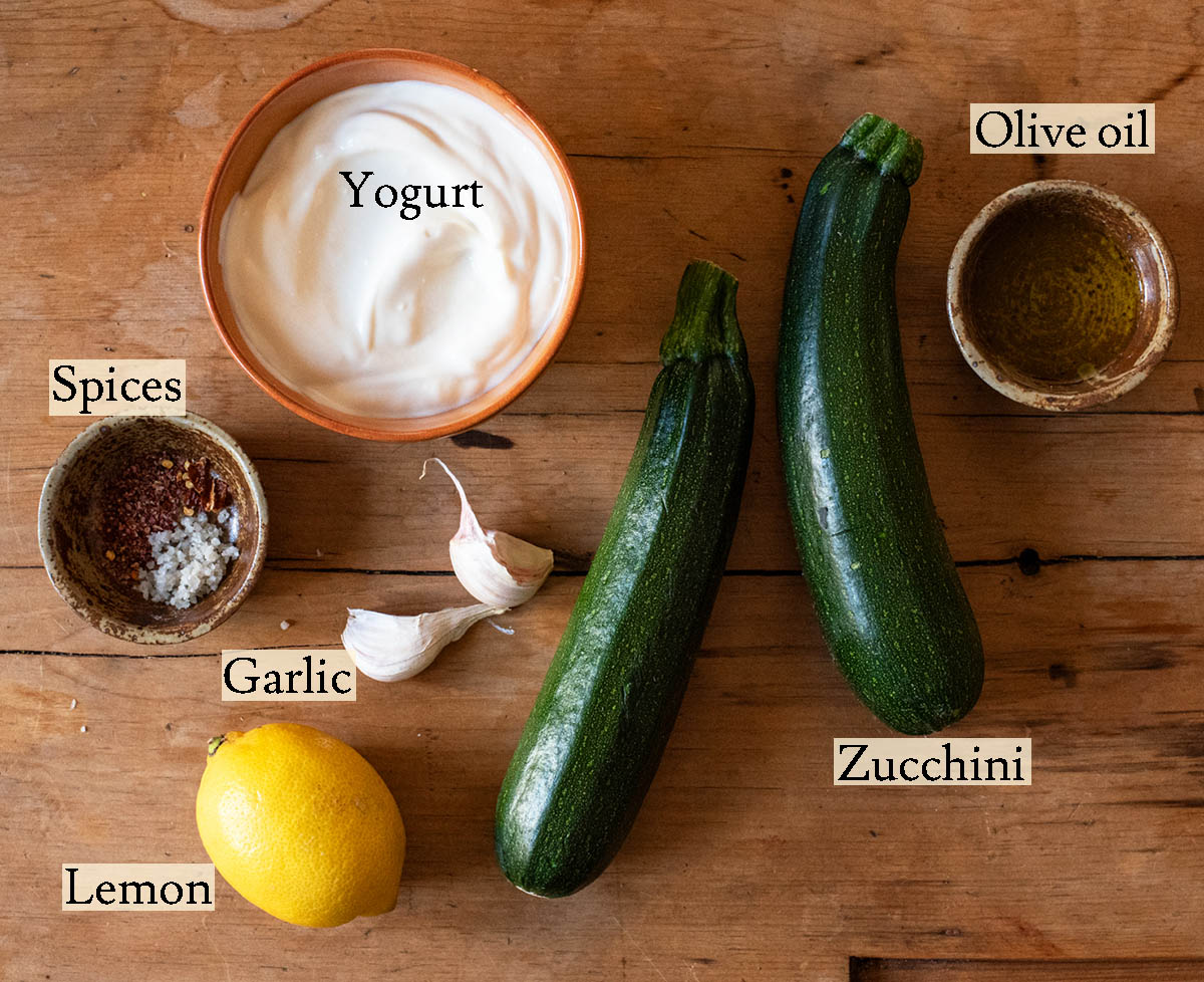 Roasted zucchini ingredients with labels.