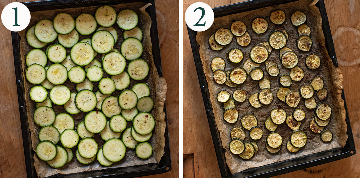 Oven baked zucchini steps 1 and 2, before and after baking.