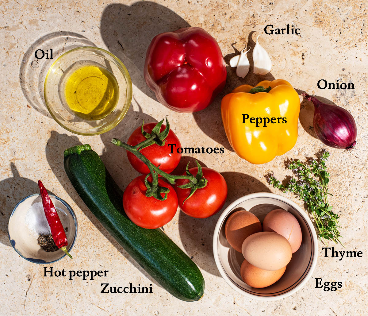 Summer baked eggs ingredients with labels.