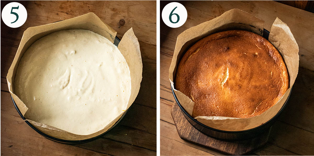 Cheesecake steps 5 and 6, before and after baking.