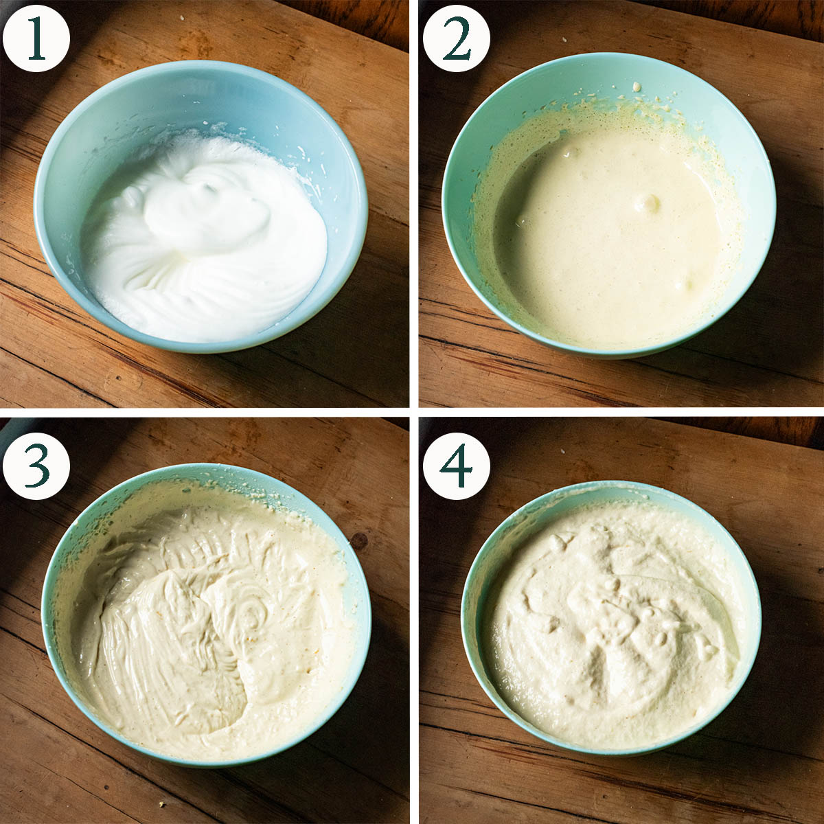Cheesecake steps 1 to 4, beaten egg whites, other wet ingredients, mixed, egg whites folded in.