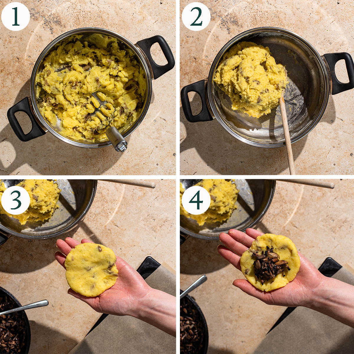 Filled dumplings steps 1 to 4, making the dumpling dough and adding filling.