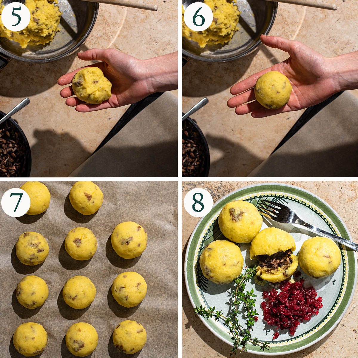Kroppkakor steps 5 to 8, forming the dumplings and before and after cooking.