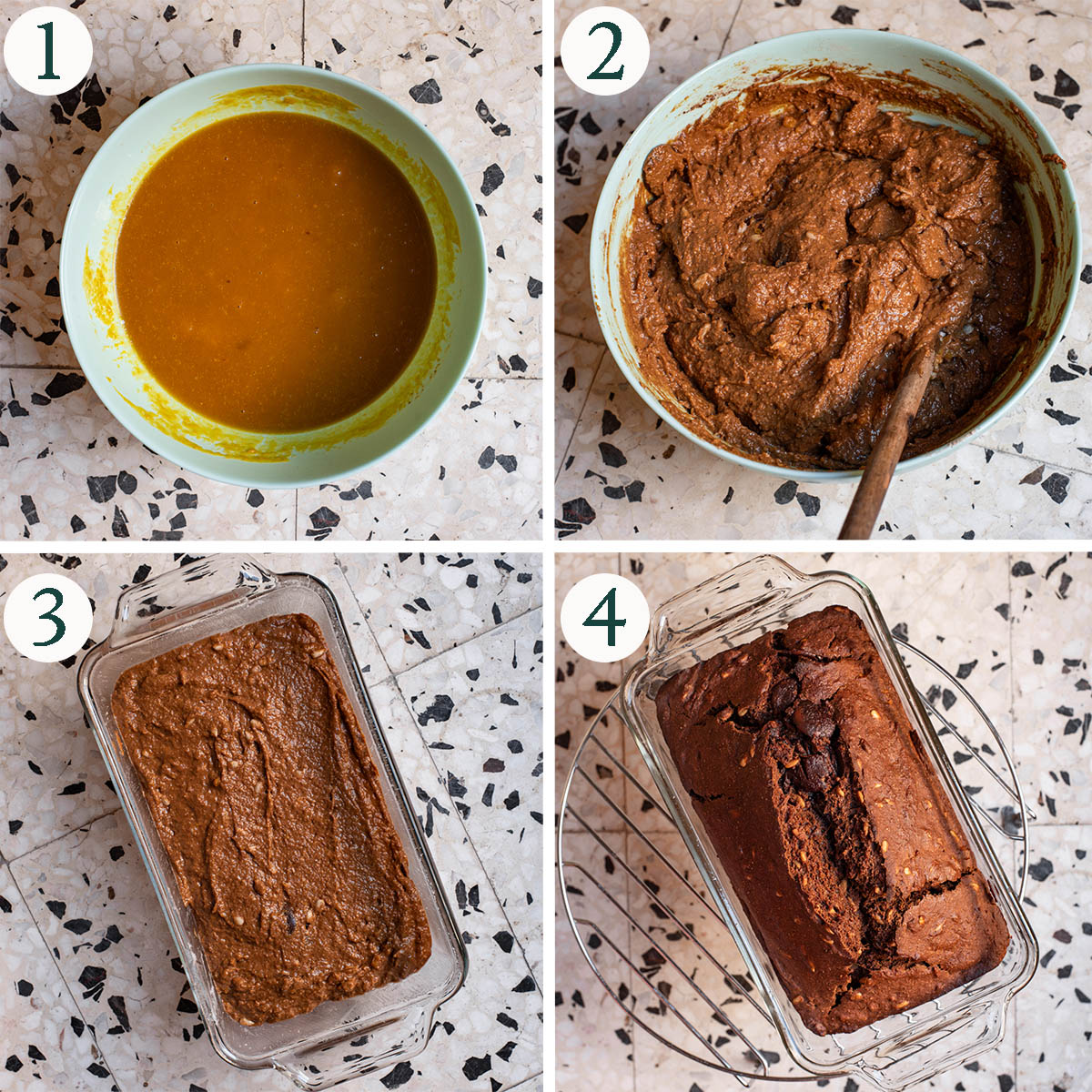 Pumpkin bread steps 1 to 4, wet ingredients, mixed batter, before and after baking.