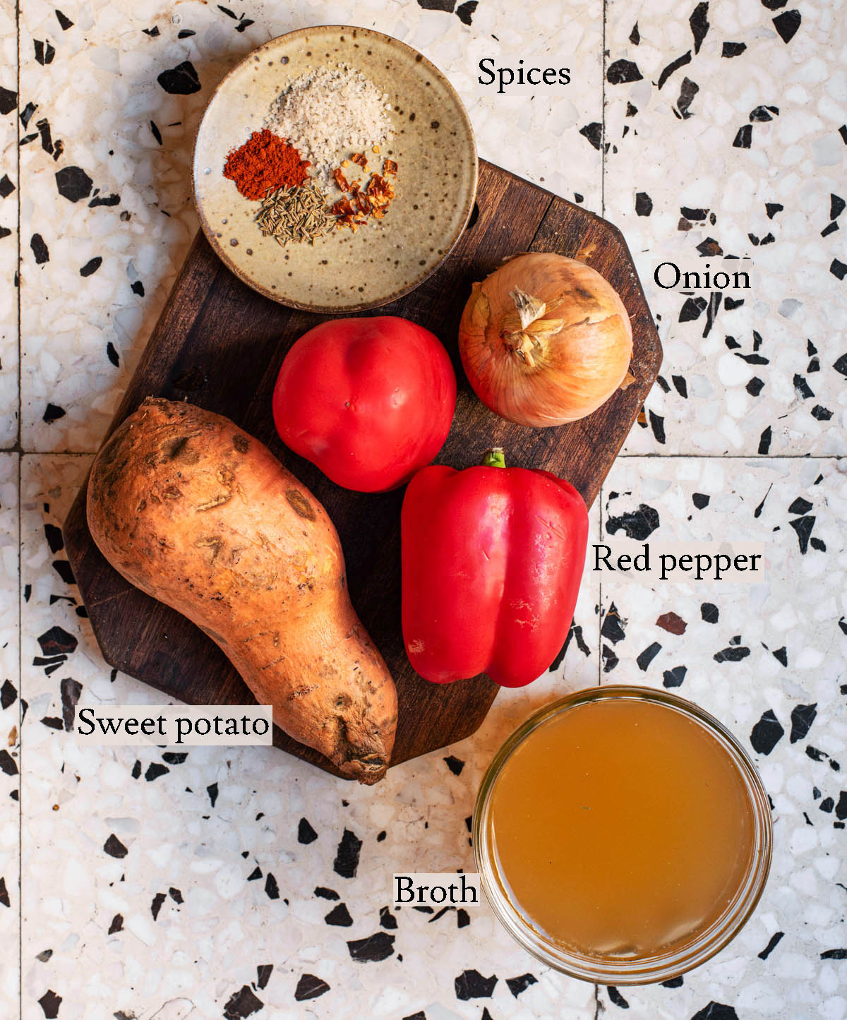 Roasted red pepper sweet potato soup ingredients with labels.