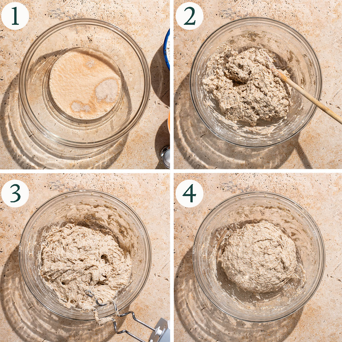 Seed bread steps 1 to 4, mixing the dough and after kneading.