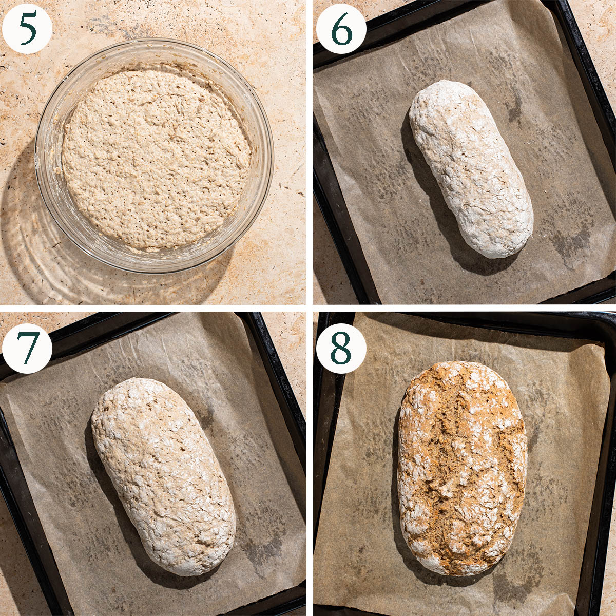 Free-form bread steps 5 to 8, risen dough, shaped, and before and after baking.