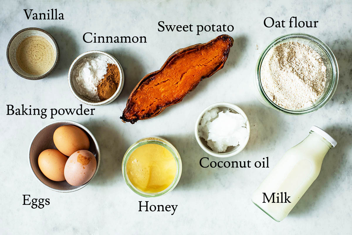 Sweet potato waffles ingredients with labels.