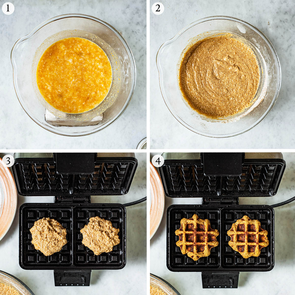 Waffles steps 1 to 4, mixed batter and before and after baking.