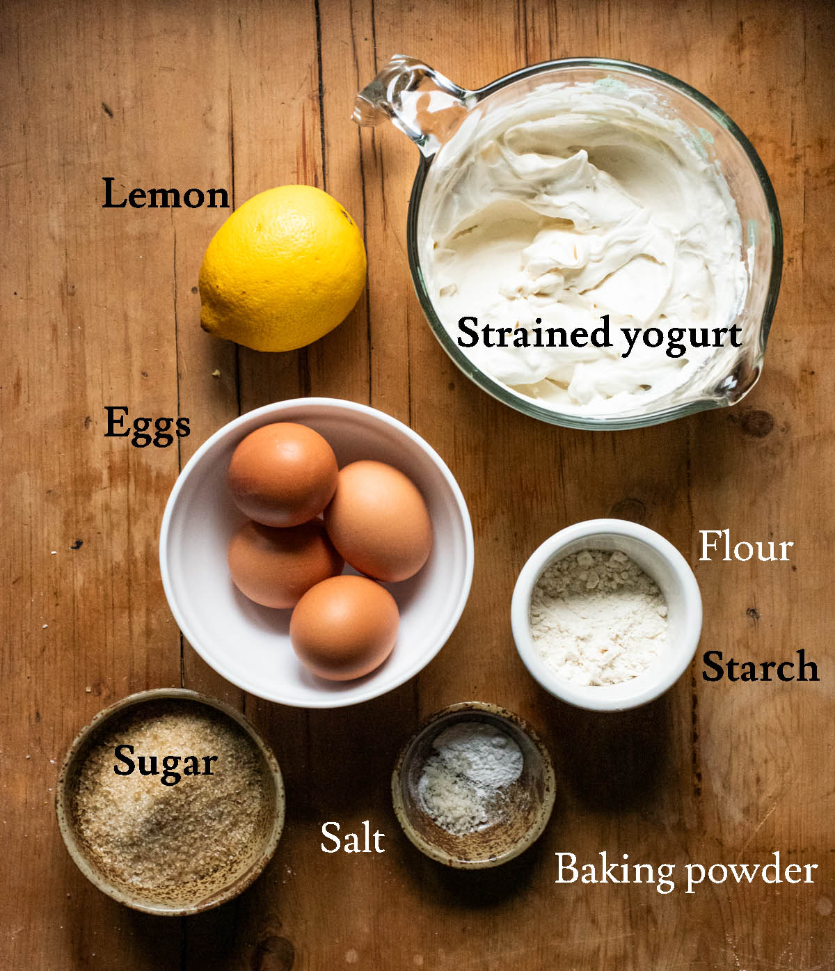Baked yogurt cake ingredients with labels.