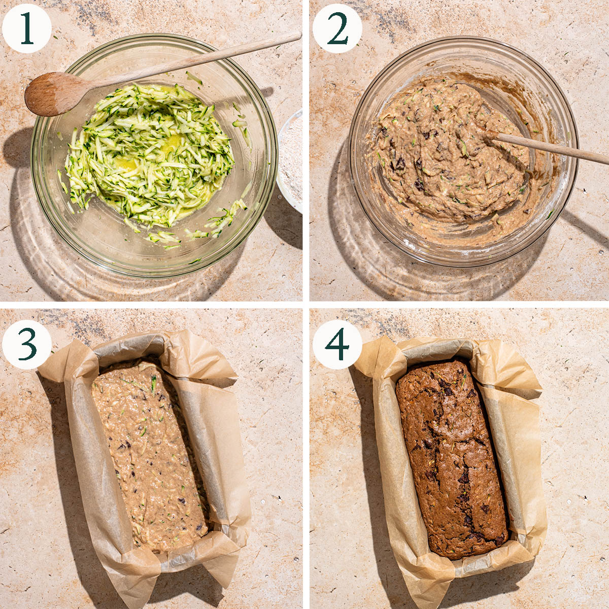 Zucchini loaf steps 1 to 4, wet ingredients, mixed batter, before and after baking.