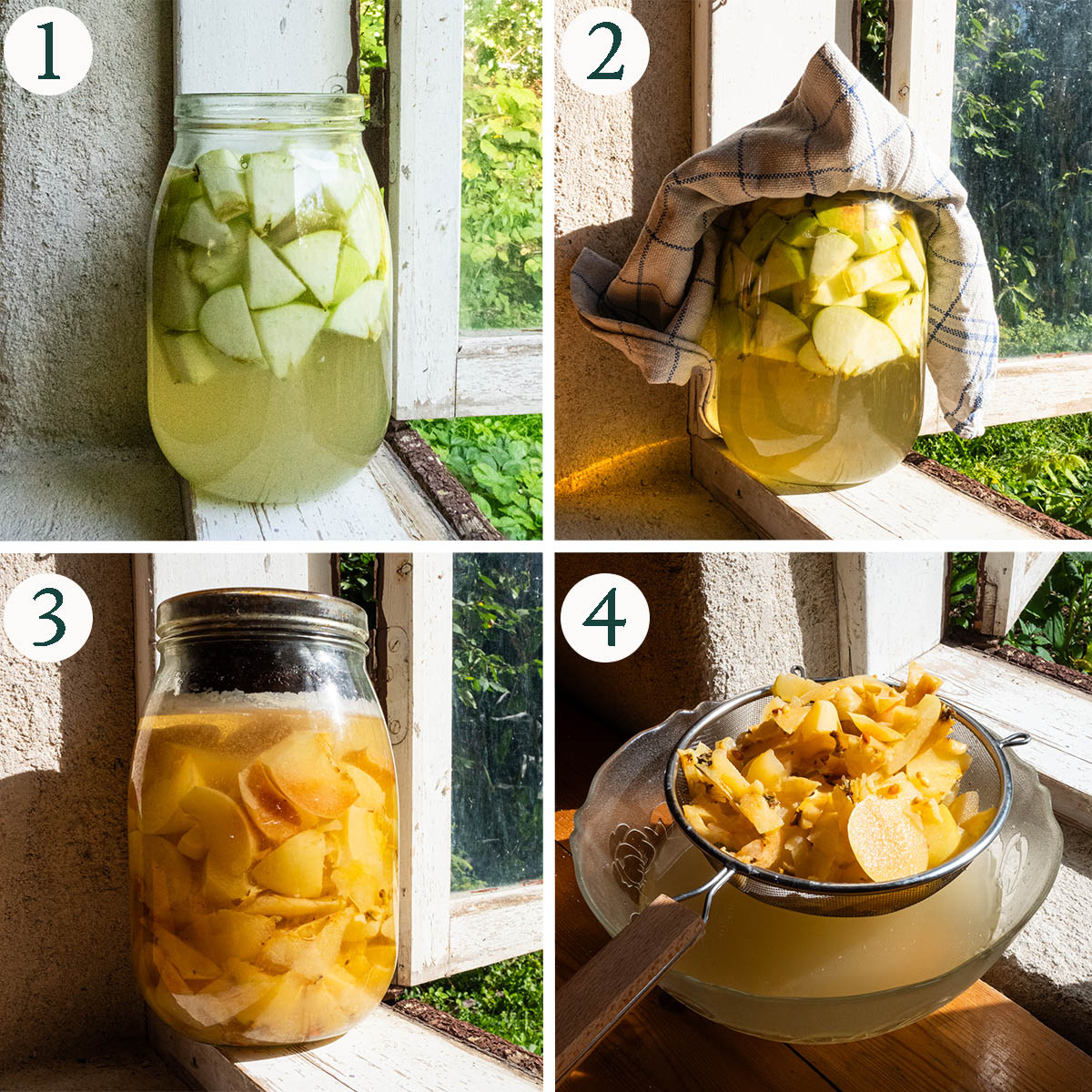 Vinegar making steps 1 to 4, apples fermenting in a glass jar and strained apples.
