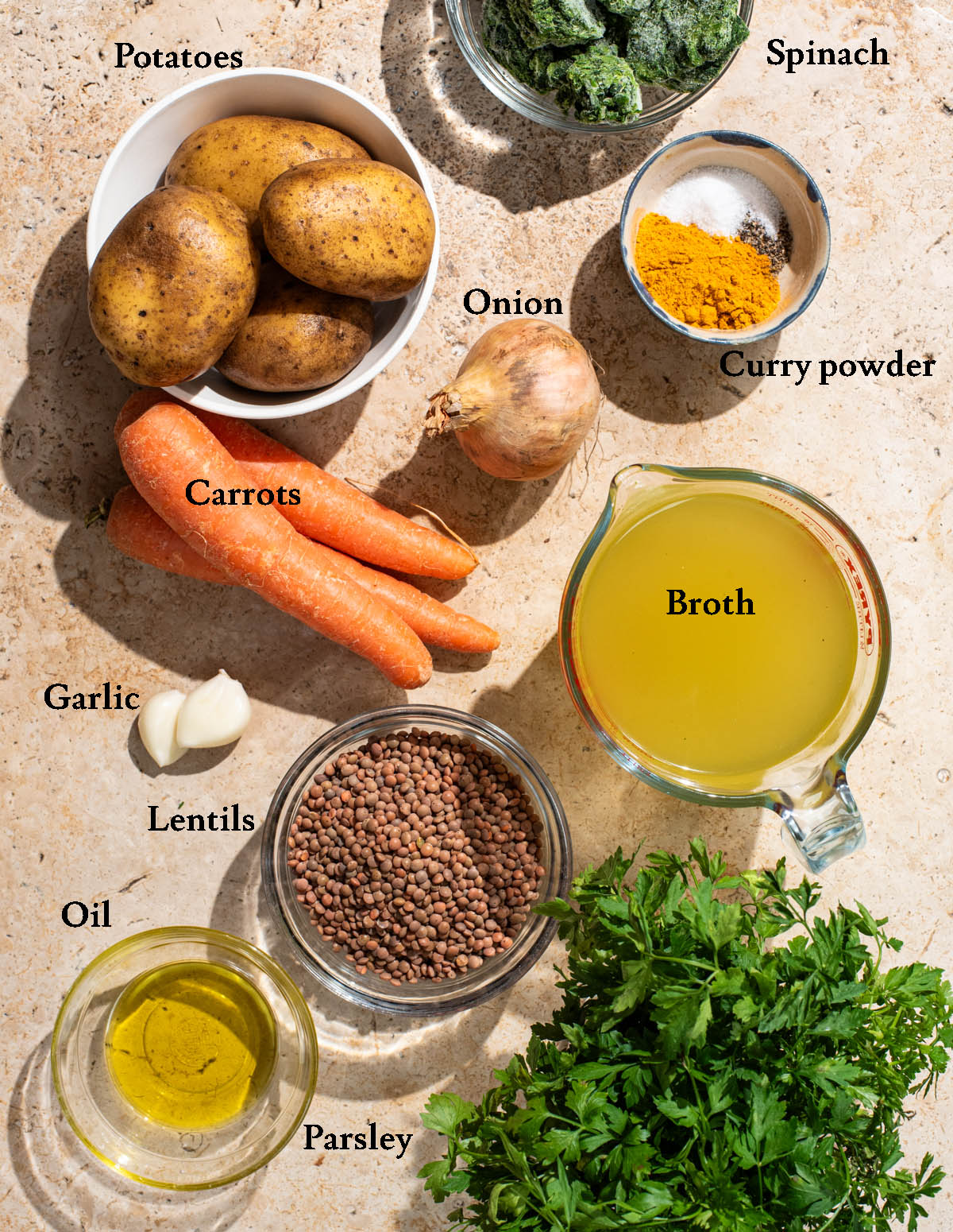 Curry carrot potato soup ingredients with labels.