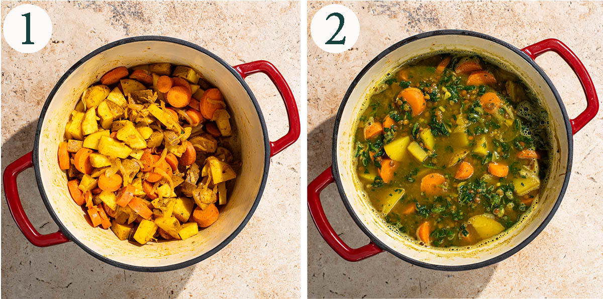 Vegetable soup steps 1 and 2, cooked vegetables and finished soup.